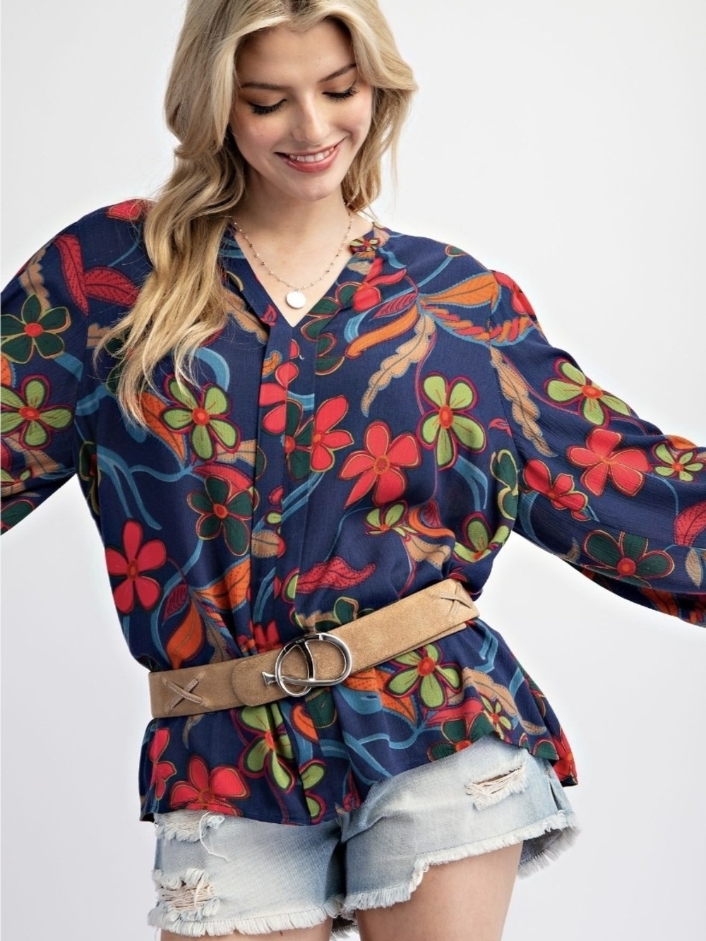 Easel Navy Floral Rayon Gauze Boho Top 1X NWT